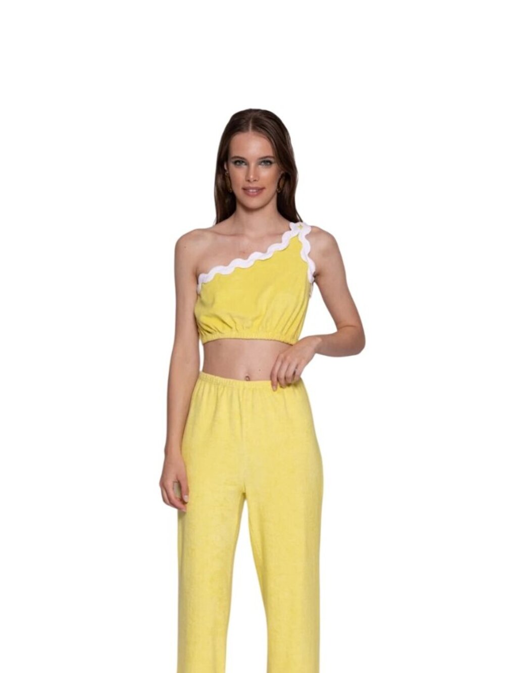 New Jordan Set Terry Lemon Crop Top & Pants Elastic Waist Rickrack Details Large